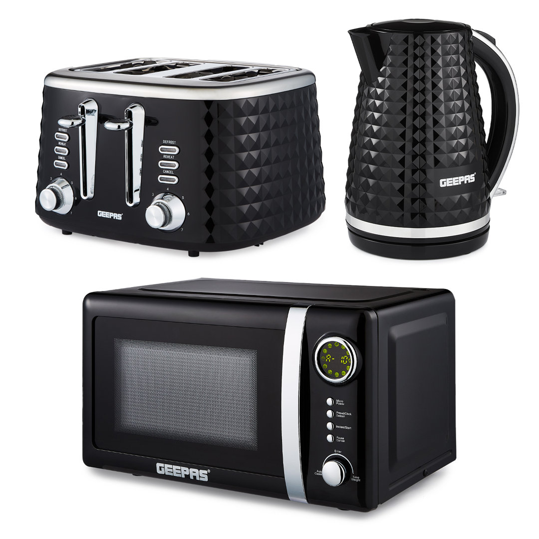 Geepas Electric Kettle 4 Slice Bread Toaster & Microwave Kitchen Set Black 4 - Slice